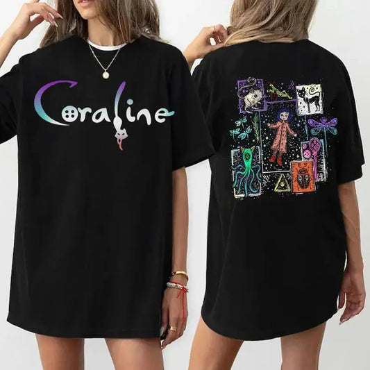 Coraline Doll Button Eyes T-Shirt, Pink Palace Shirt, Halloween Horror Movie Coraline Fan Shirt, Fantasy Film Shirt, Cartoon Character, Family Gift, Gift for Girls Women