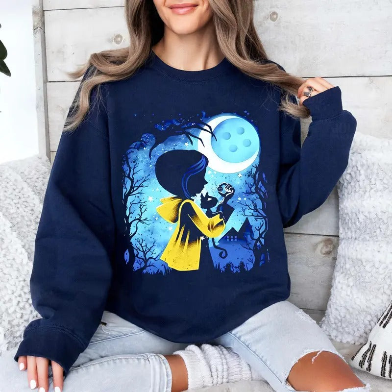 Coraline Moon Button in Night Sweatshirt, Coraline Horror Movies, Coraline Sweatshirt Hoodie, Halloween Movies, Christmas Gifts