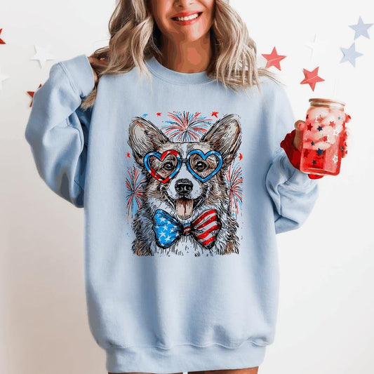 Corgi Patriotic Dog, USA, America, Pet Lover, 4th of July Sweatshirt, Crew Neck, Women's, Crewneck