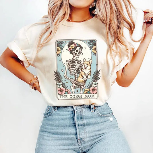 Corgi Shirt, Corgi Mom Tarot Card T-shirt, Corgi Gift, Hawaiian Dog Shirt, Skeleton Corgi Mom Tee, Gift for Corgi Lover Tshirt Shortsleeve