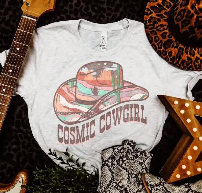 Cosmic Cowgirl T-shirt Boots Cowboy Tshirt Cowgirl Country Tee Cosmic Country T-shirt Cowgirl Cosmic Tee Casual Fabric Printed Soft Top Womenswear