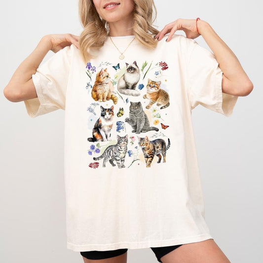 Cottage Cats Tee, Floral Vintage Kittens And Flower Aesthetic Graphic Shirt, Watercolor Cats Unhinged Shirt, Funny Shirt For Women, Wildflower Cat Tee, Comfy Fabric Graphic Tee, Women's Tops, Womenswear, Cotton Fabric Relaxed Fit Chic Style