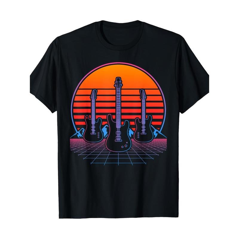 Cotton Crew Neck T-Shirt with Retro Guitar Sunset Graphic, Knit Fabric, Regular Fit All-Season Tee, Short Sleeve, Digital Heat Transfer Geometric Pattern - Casual Weekend Wear Made in USA