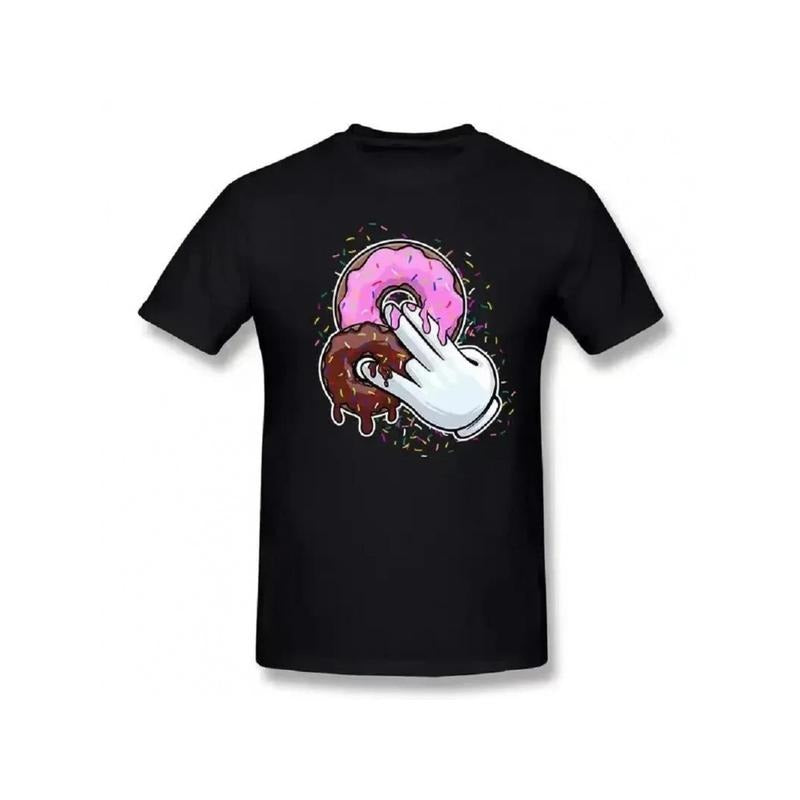 Cotton Graphic T-Shirt, Crew Neck, Short Sleeve, Regular Fit, Knit Fabric, 100% Cotton, with Pink Donut Print, for Men and Women, Casual & Sports Wear, All-Season made in usa