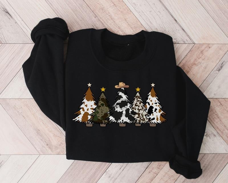 Country Christmas Sweatshirt, Christmas Tree Shirt, Western Christmas Sweatshirt, Cute Cowhide Sweatshirt, Xmas Holiday Sweatshirt, Christmas Cow Shirt, Cow Lover Xmas Gift, Cow Lover Shirt, Winter Holiday Sweater, Christmas Gift