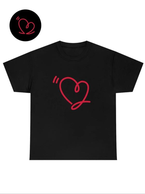 Couple's Heart Print Drop Shoulder Tee, Short Sleeve T-Shirt for Daily Outdoor Wear, Casual Summer Clothes for Couples Men & Women, Women's Summer Clothes