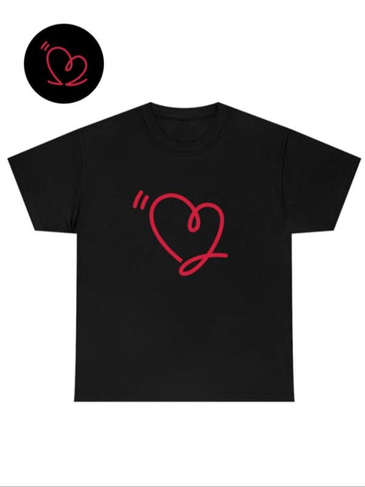 Couple's Heart Print Drop Shoulder Tee, Short Sleeve T-Shirt for Daily Outdoor Wear, Casual Summer Clothes for Couples Men & Women, Women's Summer Clothes