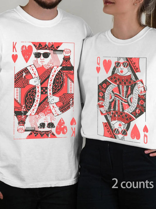 Couple's King & Queen Print Round Neck Graphic Tee, Casual Fashion Short Sleeve T-shirt for Daily Wear, Couple's Clothing for All Seasons