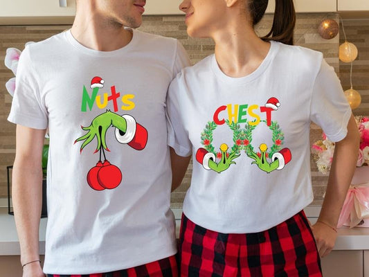 Couples Christmas Party Shirt, Couples Chest Nuts Shirt, Matching Wife Husband Xmas Tee, Funny Christmas Gift Tee For Family, Holiday Boyfriend Girlfriend Christmas Shirt.