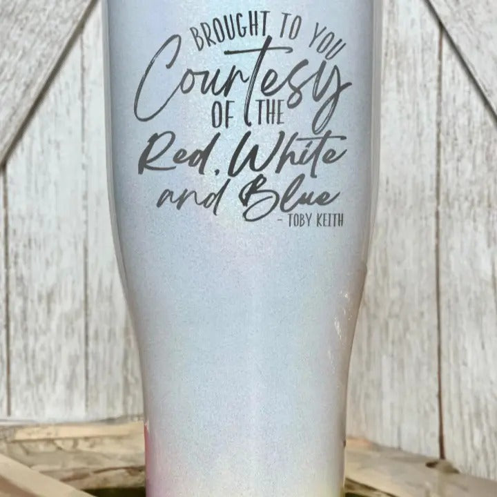 Courtesy Of The Red, White, And Blue Cursive Tumbler