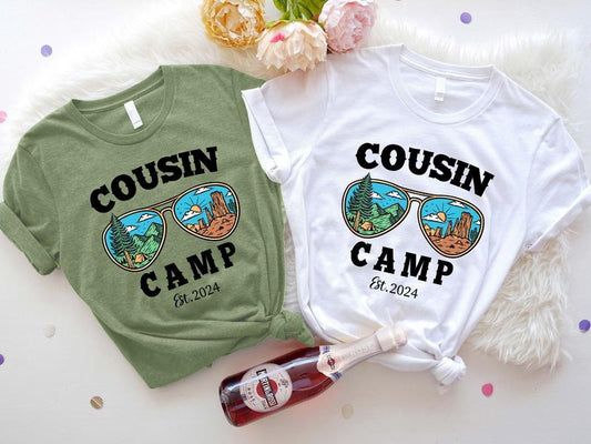 Cousin Camp Est 2024 T-shirt, Matching Cousins Crew Trip Tee, Unisex Summer Family Reunion Tee, Mountain Sunglasses Shirt.