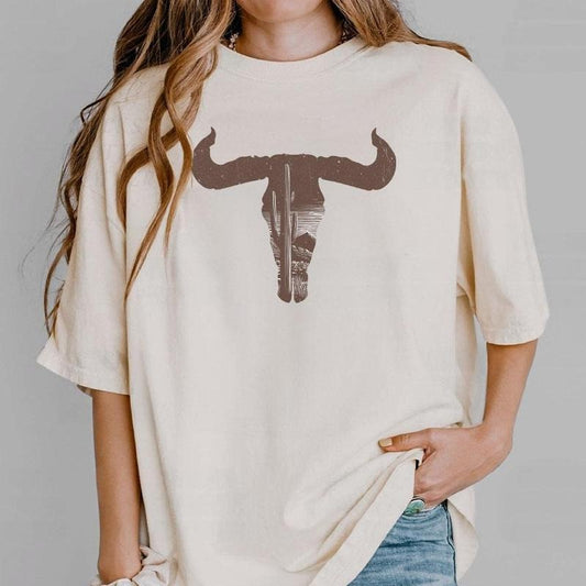 Cow Skull Desert Cactus Shirt, Desert Cactus Shirt, Western Shirt, Retro Cow Skull Shirt, Vintage Shirt For Women, Boho Longhorn Buffalo T-shirts, Cowgirl Tee, Retro Cowgirl Shirts, Bull Skull Shirt,Boho Western Tee, Women's Tops