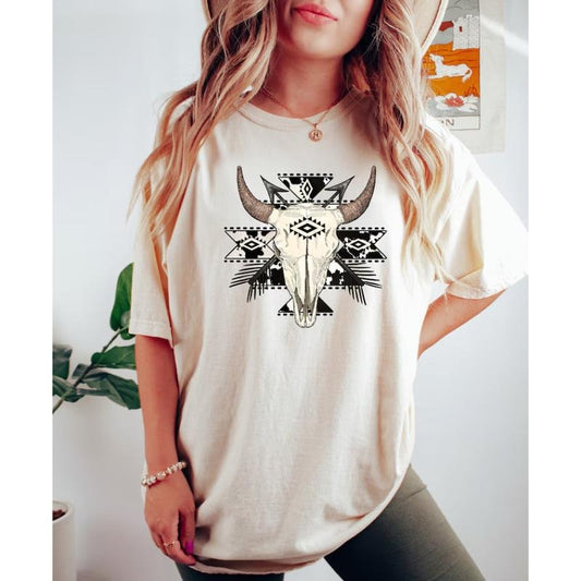 Cow Skull Shirt, Western Aztec Bull Skull Tee, Rustic Rodeo T-Shirt for Country and Boho Cowgirl Style