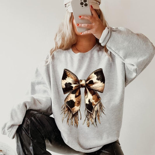 Cow print Bow Western Bow Sweatshirt,  Christmas Graphic Sweatshirt for Men and Women - Pullover, Comfortable
