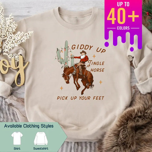 Cowboy Christmas Sweater - Giddy Up Jingle Horse Tee, Howdy Country Christmas Vibes, Perfect for Cowgirls, Christmas Gift, Gift for Best Friend, Gift for Him & Her - Trending, Crew Neck, Top christmas shirt christmas season
