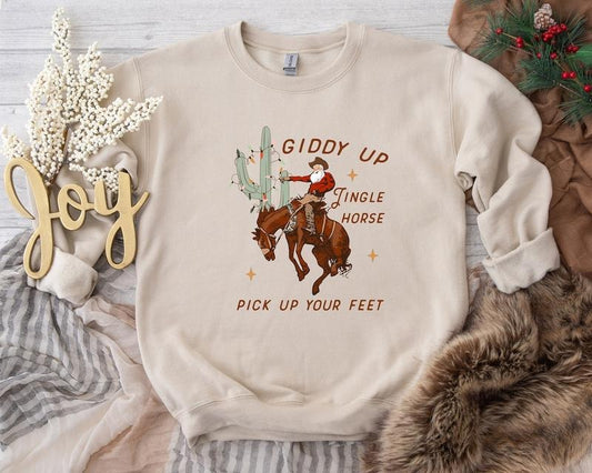 Cowboy Christmas Sweater, Giddy Up Jingle Horse Pick Up Your Feet, Howdy Country Christmas Horse,  Christmas Sweatshirt Cotton Menswear Hoodie Polyester