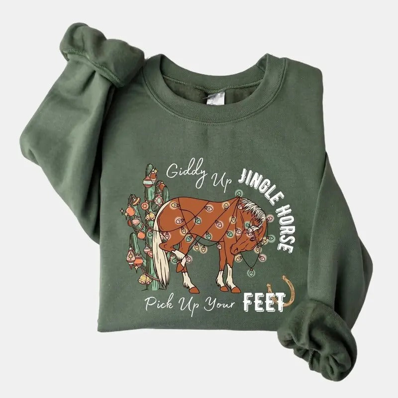 Cowboy Christmas Sweater, Giddy Up Jingle Horse Pick Up Your Feet, Howdy Country Christmas Horse, Cowgirl Shirt, Christmas Sweatshirt Cotton Crewneck