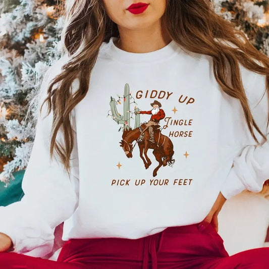 Cowboy Christmas Sweater, Giddy Up Jingle Horse Pick Up Your Feet, Howdy Country Christmas Horse, Cowgirl Shirt, Christmas Sweatshirt