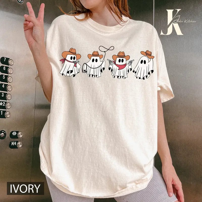 Cowboy Ghost T-Shirt, Cute Ghost T-Shirt, Women's Halloween Shirt, Spooky Season Shirt, Halloween Gift, Cute Fall Shirt