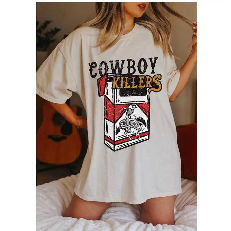 Cowboy Killers Western Graphic Tee Oversized Country Concert Shirt Western T-shirt Dress Skeleton Cowboy  T-shirt, sweater and Hoodie cotton