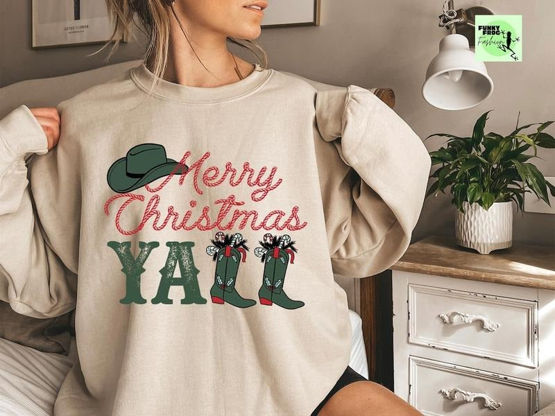 Cowboy Merry Christmas Yall Sweatshirt, Western Christmas Sweater, Cowgirl Christmas Sweatshirt, Ugly Christmas Sweater, Christmas Gifts