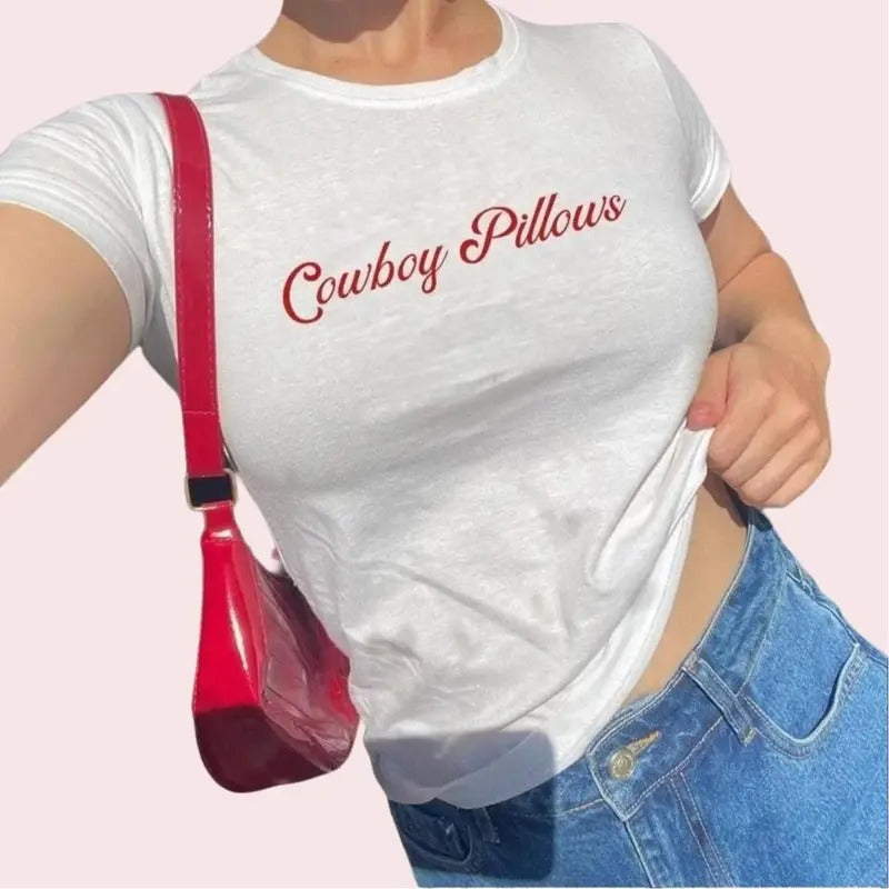 Cowboy Pillows Womens Baby Tee Western Inspired Women's Tee Bold Red Typography Cowboy Style Shirt Rodeo Theme