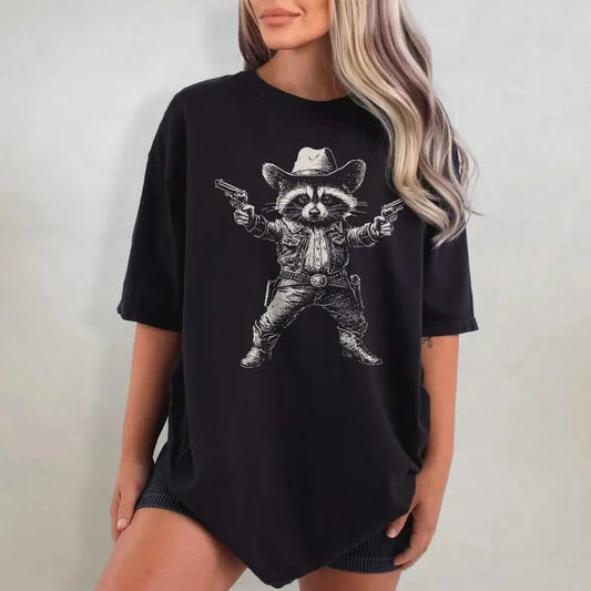 Cowboy Raccoon Tshirt - Retro Raccoon T-Shirt, Funny Western T Shirt, Wild West Graphic Tee, Trash Panda Shirt, Raccoon Gift Top Womenswear Summer