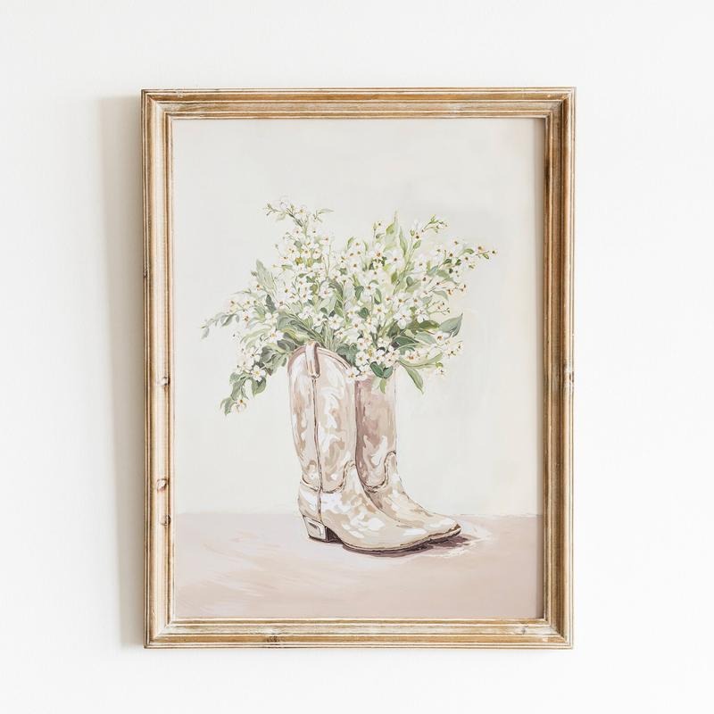 Cowgirl Boots Print, Neutral Floral Western Nursery Wall Art, Boho Art Print Decor, Gifts For Her Women Bedroom Decor, Poster Prints No Frame, Wall Hanging Decor, Wall Art Prints, Gifts For Birthday Christmas