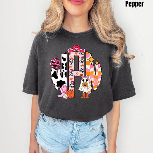Cowgirl Halloween Monogram Comfort Colors T-Shirt 'NLB'