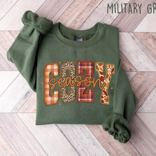Cozy Season with Leopards Fall Leaves Patterns Graphic PRINTED Sweatshirt, Get Cozy Sweatshirt, Womens Fall Sweaters, Gift for Halloween, Thanksgiving Day, Christmas Cotton Unisex Womenswear Check