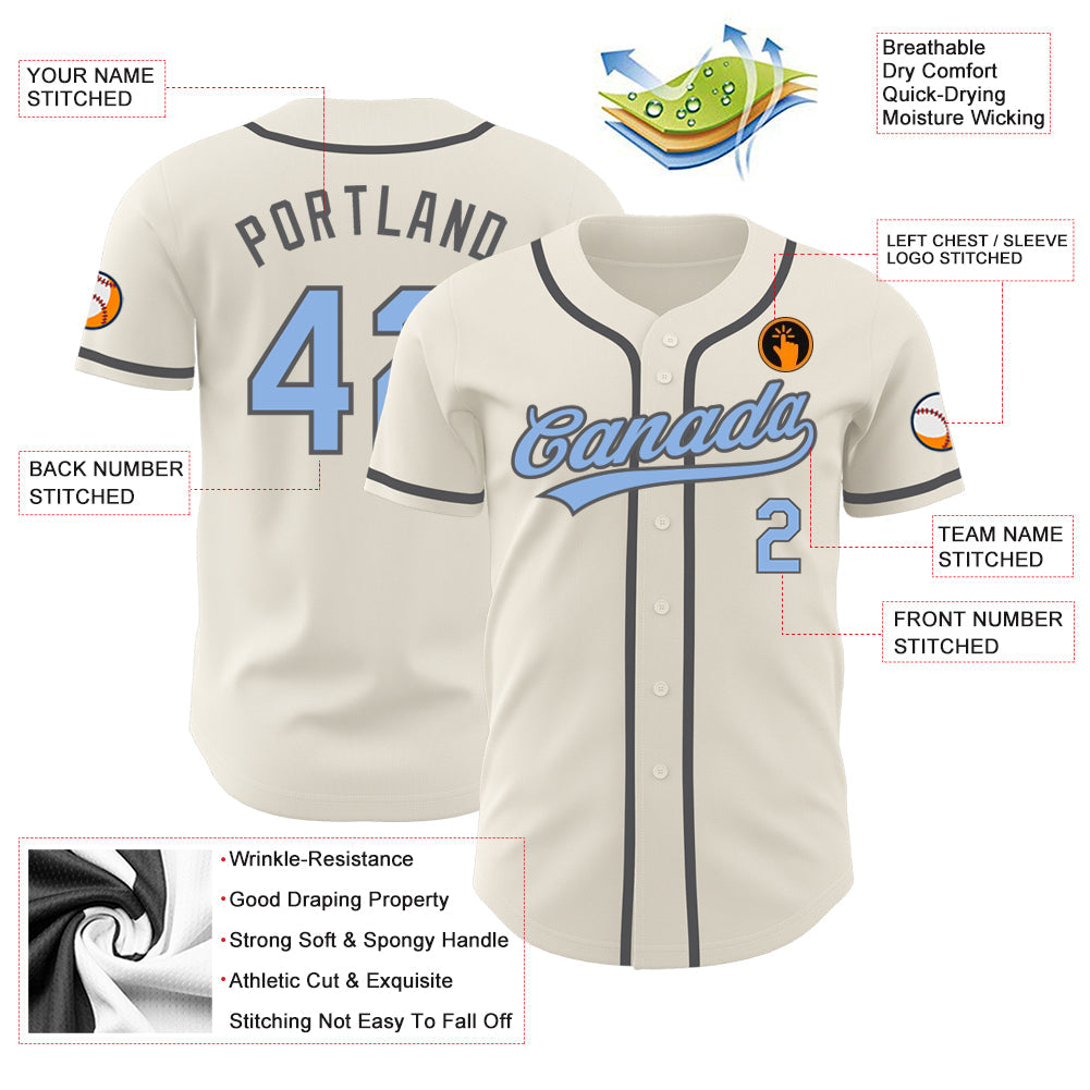 Custom Cream Light Blue-Steel Gray Authentic Baseball Jersey