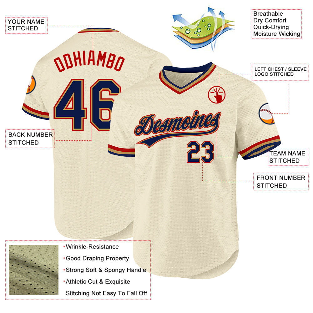 Custom Cream Navy Old Gold-Red Authentic Throwback Baseball Jersey