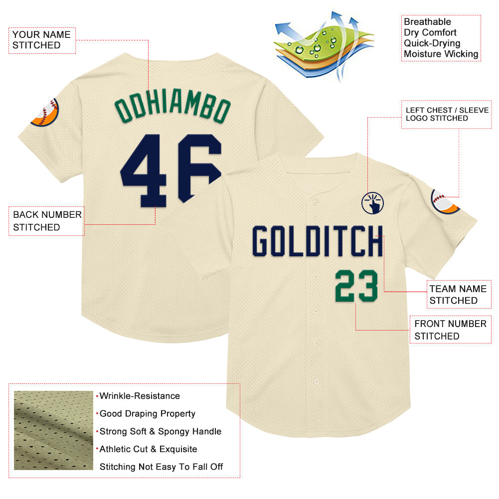 Custom Cream Navy-Kelly Green Mesh Authentic Throwback Baseball Jersey