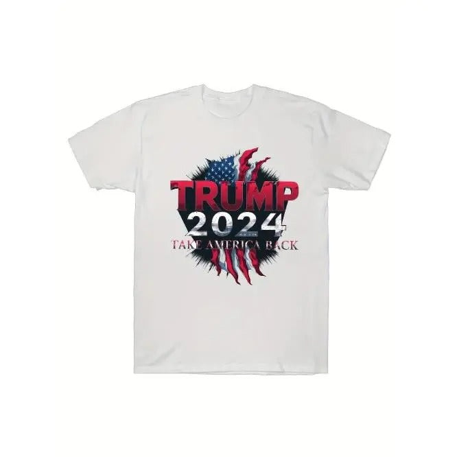 Creative Print Men's T-Shirt, Casual Cotton Round Neck Top, Versatile And Comfortable Tee- Trump 2024 Take America Made in USA
