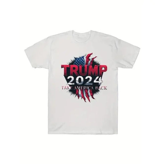 Creative Print Men's T-Shirt, Casual Cotton Round Neck Top, Versatile And Comfortable Tee- Trump 2024 Take America Made in USA