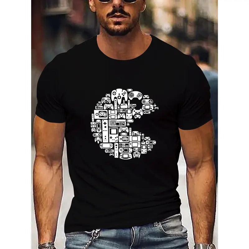Creative Smiley Face Game Theme Graphic Print Men's Casual Round Neck Short Sleeve T-Shirt, Summer Versatile Outdoor Comfortable Top Menswear Embroidered Tshirt Streetwear
