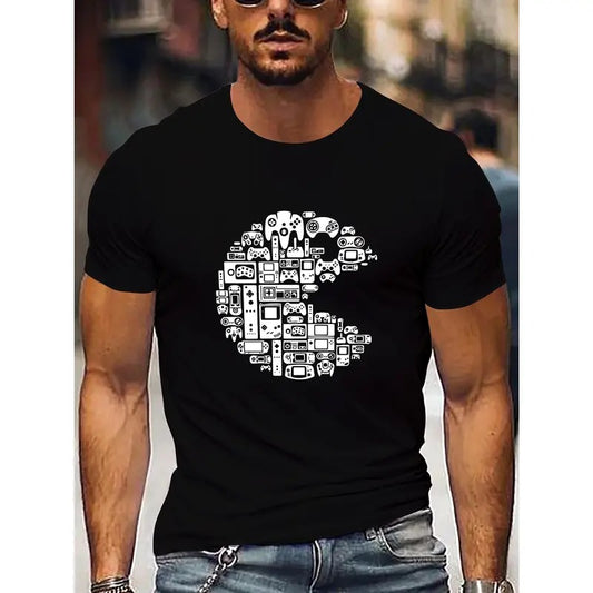 Creative Smiley Face Game Theme Graphic Print Men's Casual Round Neck Short Sleeve T-Shirt, Summer Versatile Outdoor Comfortable Top Menswear Embroidered Tshirt Streetwear