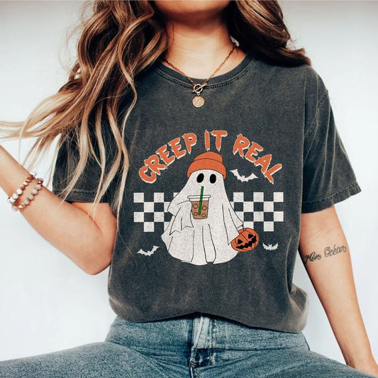 Creep it Real Shirt, Vintage Ghost Halloween Shirt, Little Ghost Ice Coffee Shirt, Ghost Sweatshirt for Coffee Lover, Halloween Tee, Cute Ghost Shirt for Her, Little Ghost Ice Coffee Sweatshirt, Witch Shirt for Mama, Retro Fall Shirt, Women Top