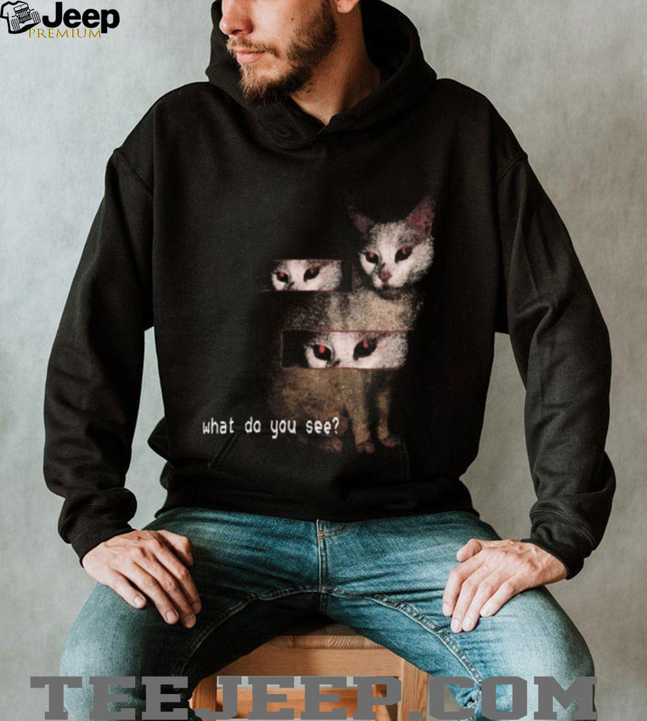 Creepy Red Eyed Cat Glitch Aesthetic What Do You See Surreal T Shirt