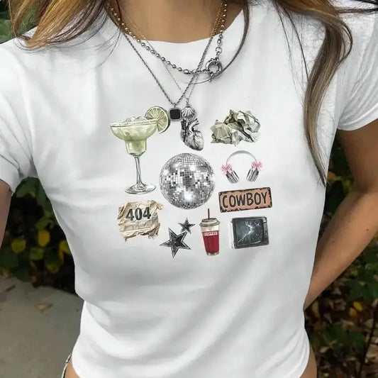 Crop Graphic Print T-shirt, Y2K Short Sleeve Crew Neck Top For Summer & Spring, Women's Clothing