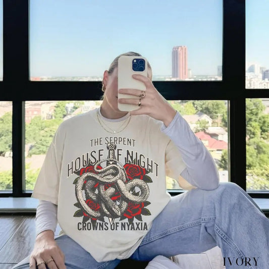 Crowns of Nyaxia Comfort Colors T-shirt, The Serpent and the Wings of Night, Little Serpent, Carissa Broadbent, Oraya, Crowns of Nyaxia, Raihn and Oraya Womenswear Soft Crewneck Short Sleeves Graphic Fabric Sweater