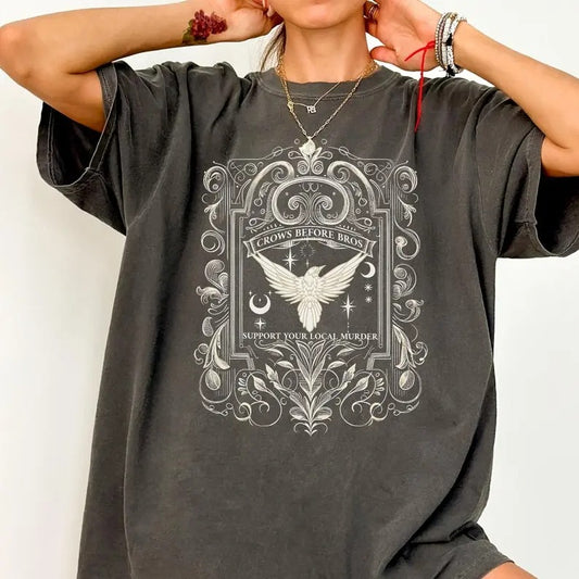 Crows Before Bros Support Your Local Murder Shirt, Funny Crows Before Bros Vintage Crow Shirt,  Crow Celestial Mystical Tee Cotton Crewneck Shortsleeve