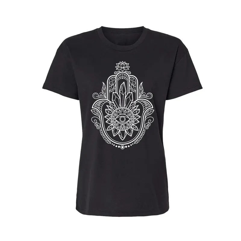 Crystal Hamsa Relaxed Fit Ladies T-Shirt - Infused with Obsidian, Tigers Eye & Amethyst Sweatshirt, Hoodie, Comfort Colors