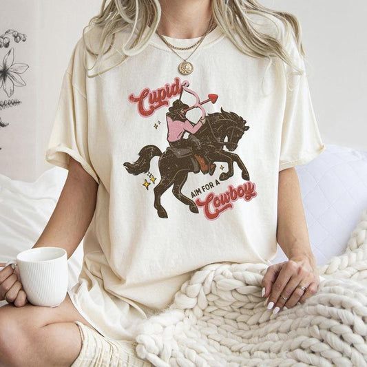 Cupid Aim For A Cowboy, Horse, Western, Country, Comfort Colors Tshirt, Valentine's Day, Valentine's Day Comfort Colors Tshirt, Women's Graphic Tee, Love, Heart, Cupid