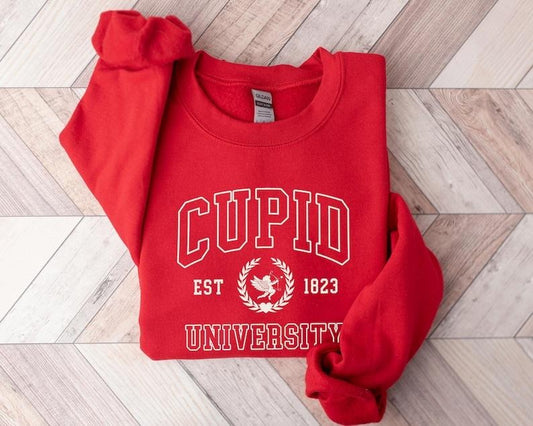 Cupid University Sweatshirt, Cute Valentine's Day Shirt, Funny College Sweatshirt, Love Crewneck Sweatshirt, Cupid Hoodie and Sweater; T-shirt Cotton Menswear Polyester Tops