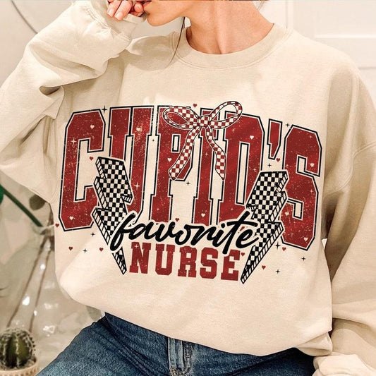 Cupid's favorite Nurse Sweatshirt, Nurse life Valentine Sweatshirt, Nurse Coquette bow checkred Sweatshirt, Valentines Day Nurse Sweatshirt, Cna Nurse Gift Sweatshirt