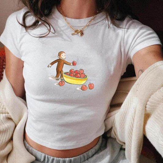 Curious George Apple Picking Baby Tee, Fall Harvest Graphic Tee, Y2k, 90s Clothing, Pinterest Aesthetic