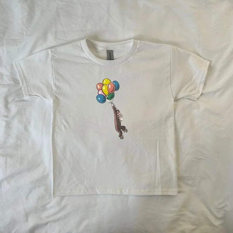 Curious George Baby Tee, vintage cartoons, balloons, Pinterest, 90s style baby tee, comics, soft girl, ahs style, nostalgia, streetwear