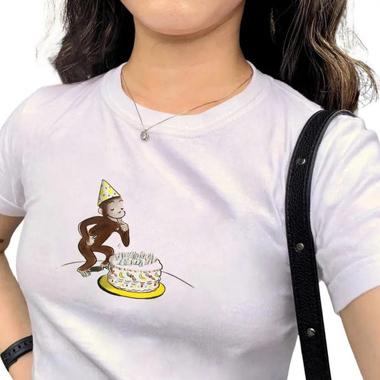 Curious George Birthday Cake Baby Tee, Birthday Girl , Retro Graphic Tee, Y2k, 90s Clothing, 100% Cotton Graphic Tee