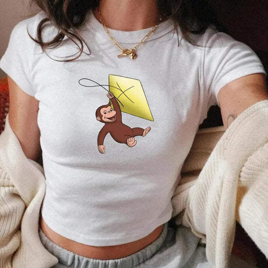 Curious George Flies a Kite Baby Tee, Vintage Y2K Cartoons, 90s Style Baby Tee, Comics, Soft Girl, Nostalgia, 100% Cotton Graphic Tee
